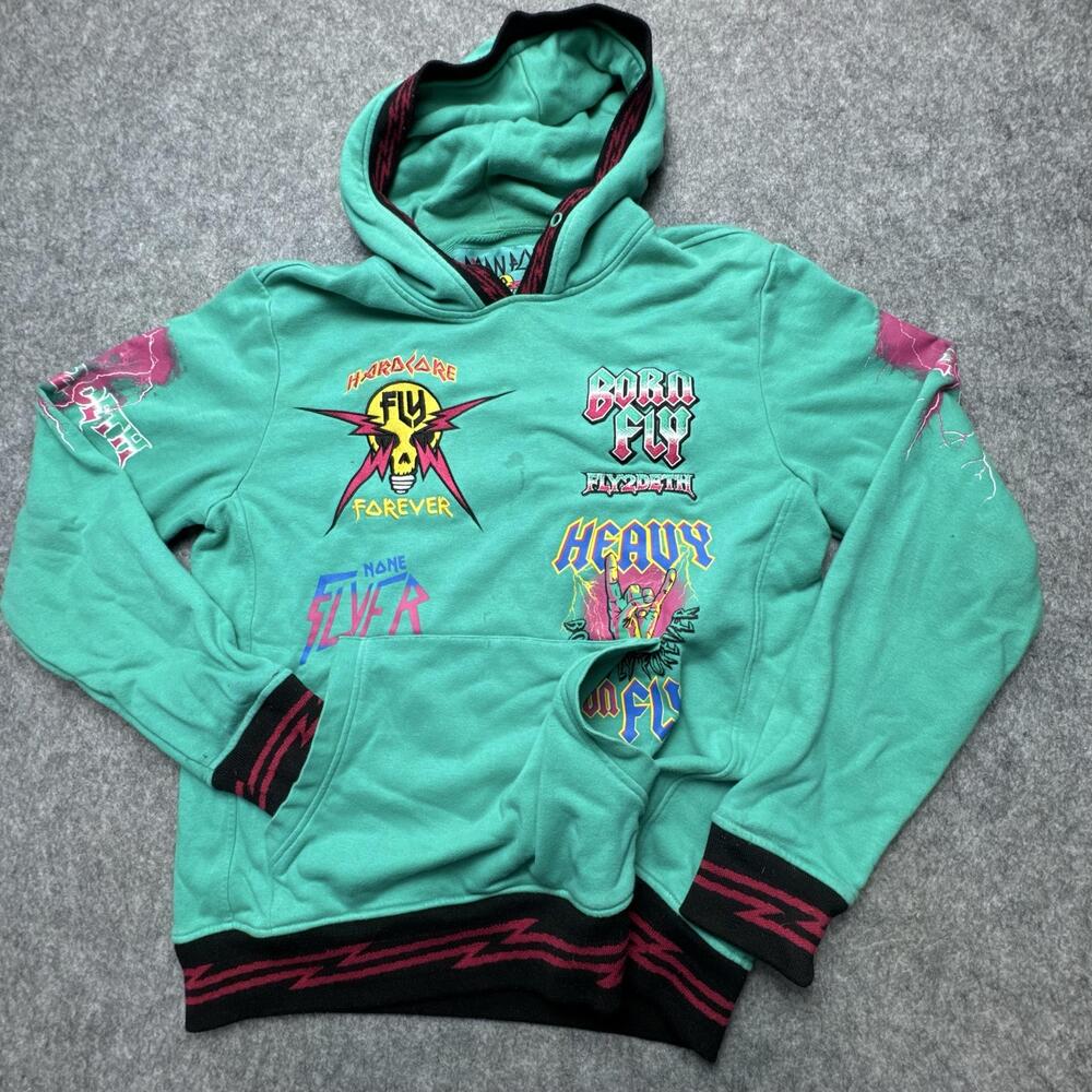 Born Fly Hoodie Mens Medium Green Heavy Metal Skull Graphic Fleece Pullover